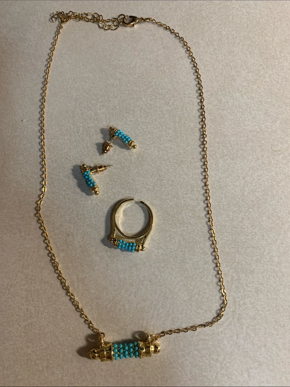 Gold Bead Necklace, Ring & Stud Earrings with Turquoise Accent